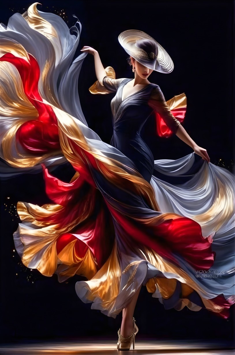 Elegant dancer in vibrant gown with wide-brimmed hat