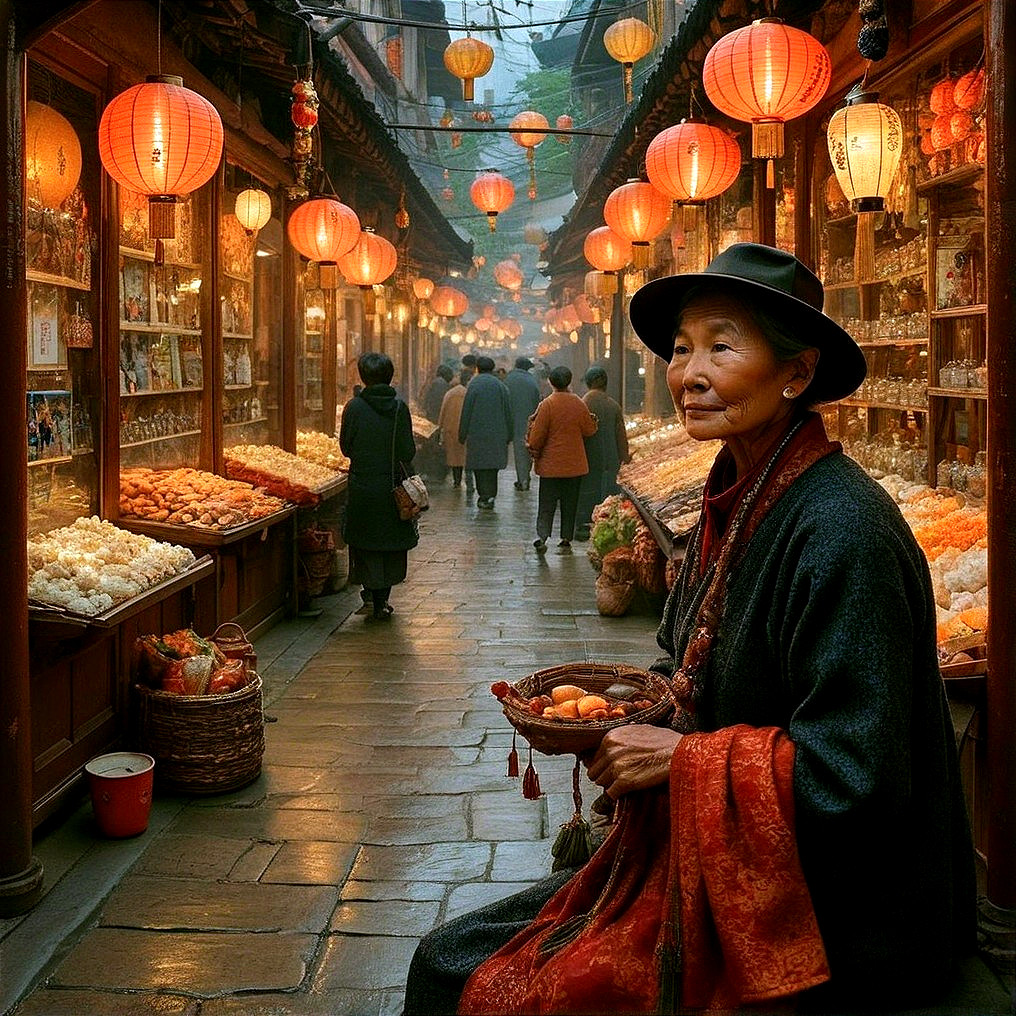 Lantern-Lit Alleyway with Vibrant Traditional Stalls