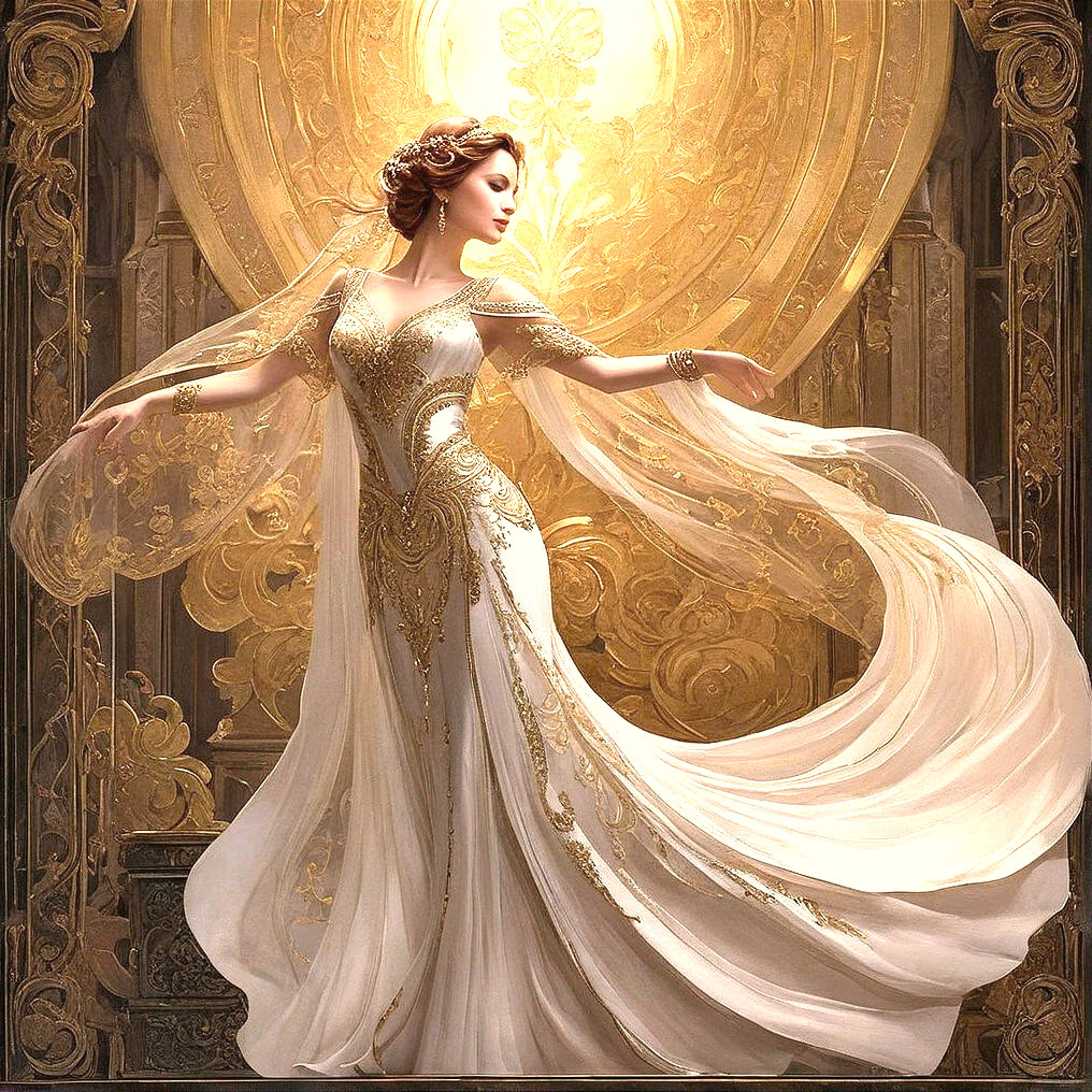 Elegant White Gown with Gold Details and Luminescent Backdrop