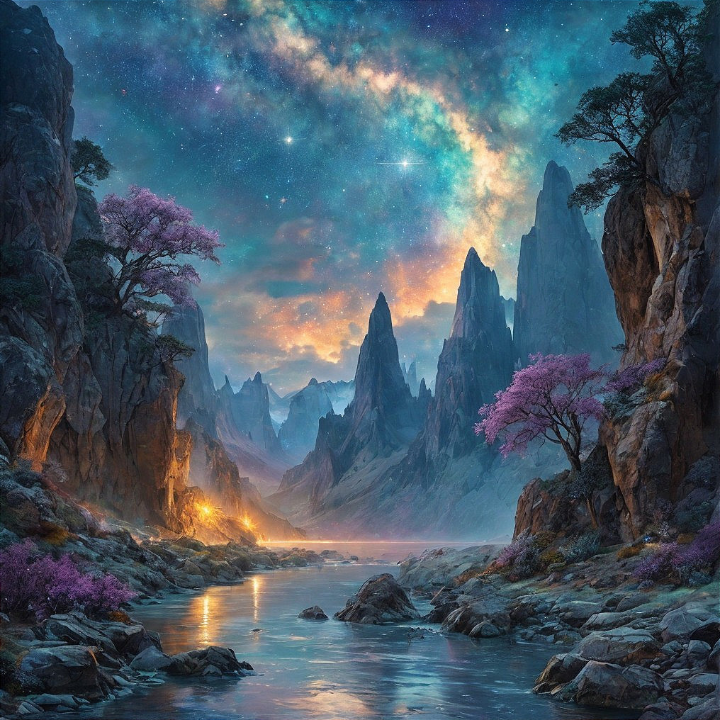Dreamlike Landscape with Peaks and Night Sky