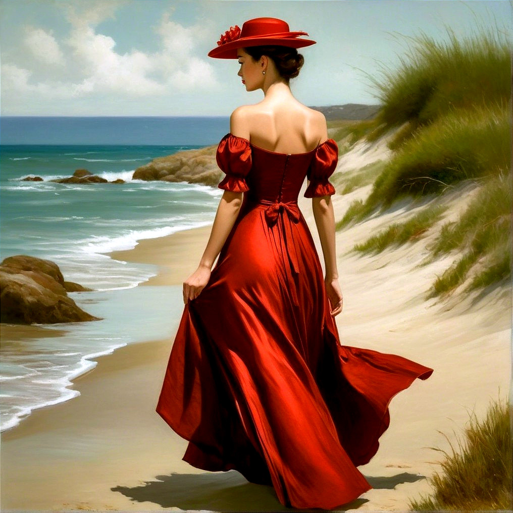 Woman in Red Dress at Sandy Beach Scene