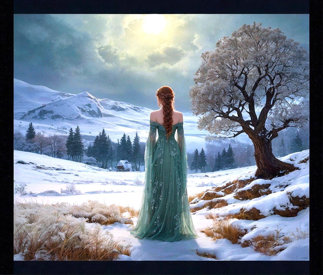 Winter Landscape with Woman in Mint Green Gown