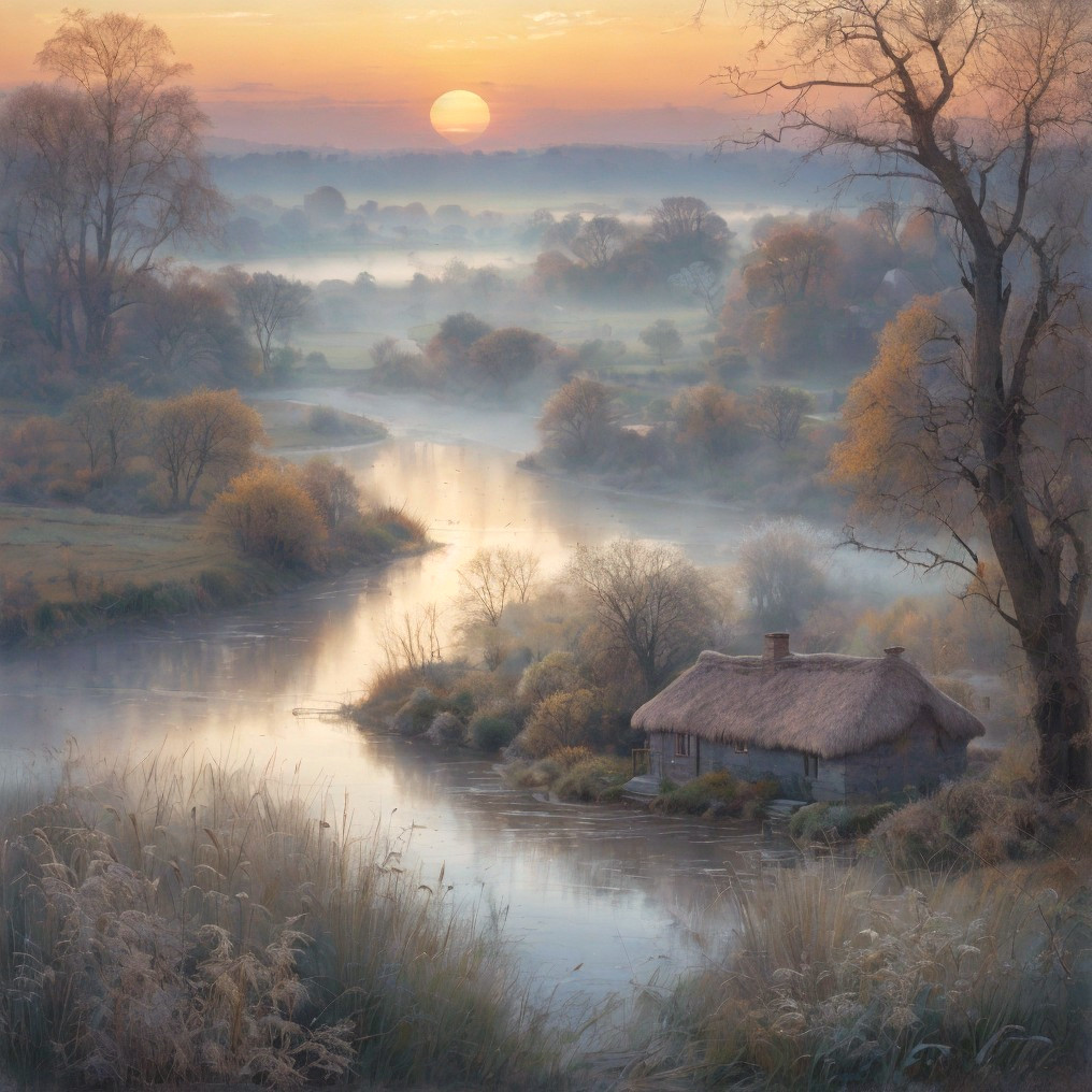 Serene Dawn Landscape with River and Cottage