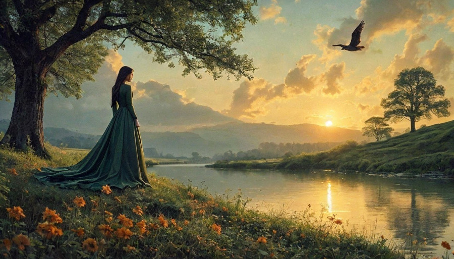 Serene Sunset Landscape with Woman by Tranquil River
