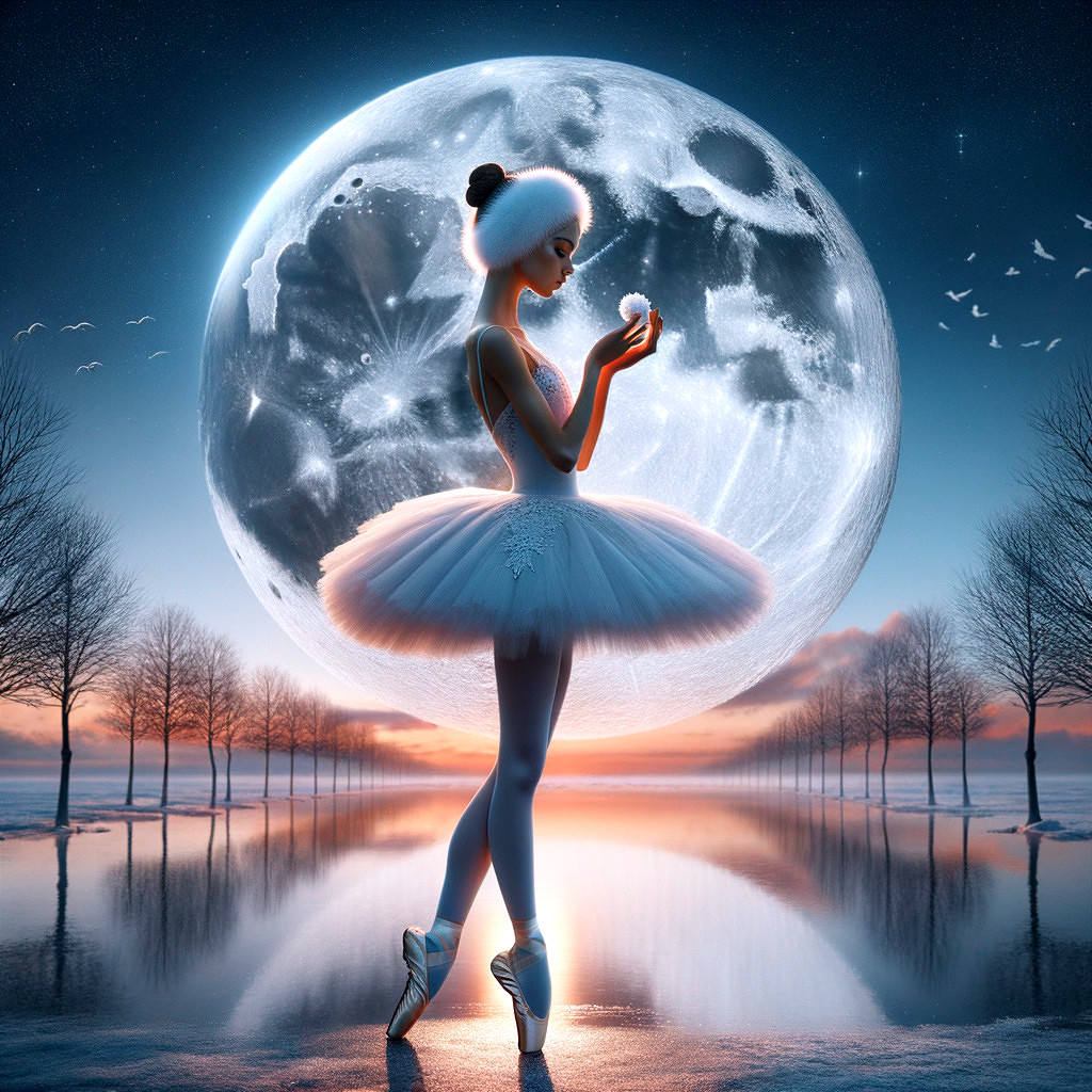 Ballerina in Tutu Against Moonlit Ethereal Landscape