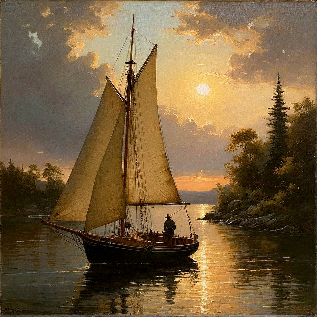 Serene Evening Scene with Sailing Boat and Sunset