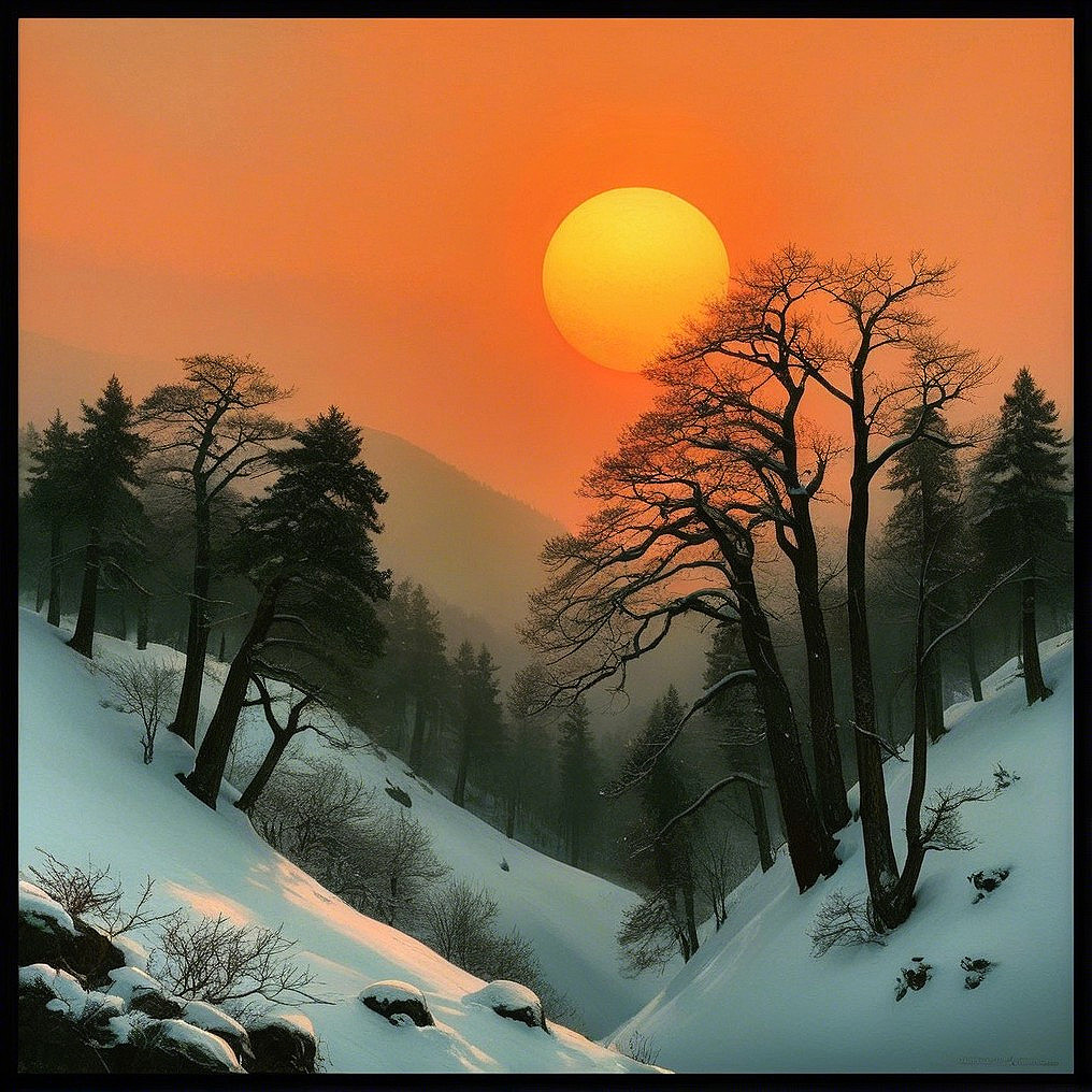 Serene Winter Landscape with Sunset and Snowy Hills