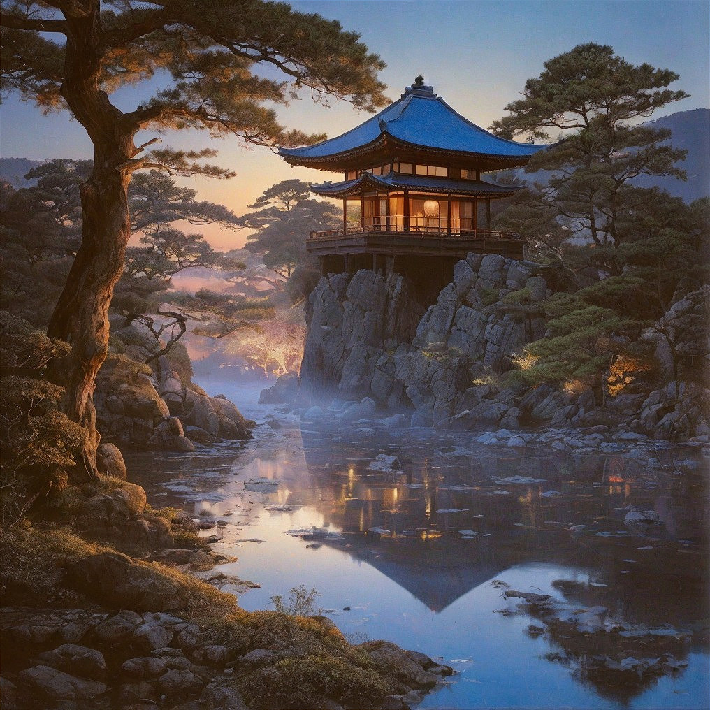 Serene Landscape with Pagoda and Tranquil Waters
