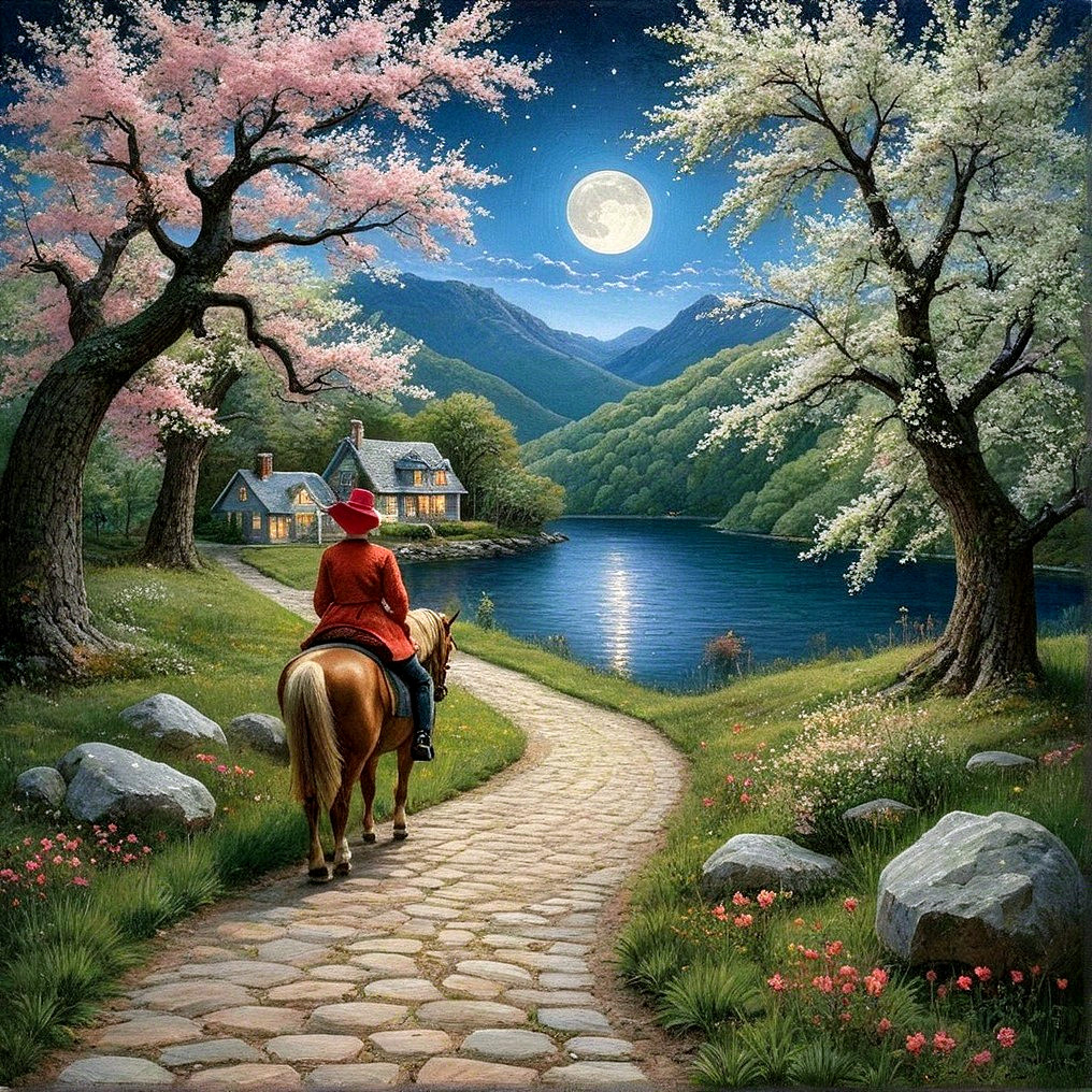 Rider on Horseback by Tranquil Lake and Mountains