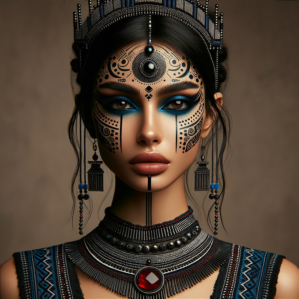 Portrait of a woman with tribal face paint and jewelry