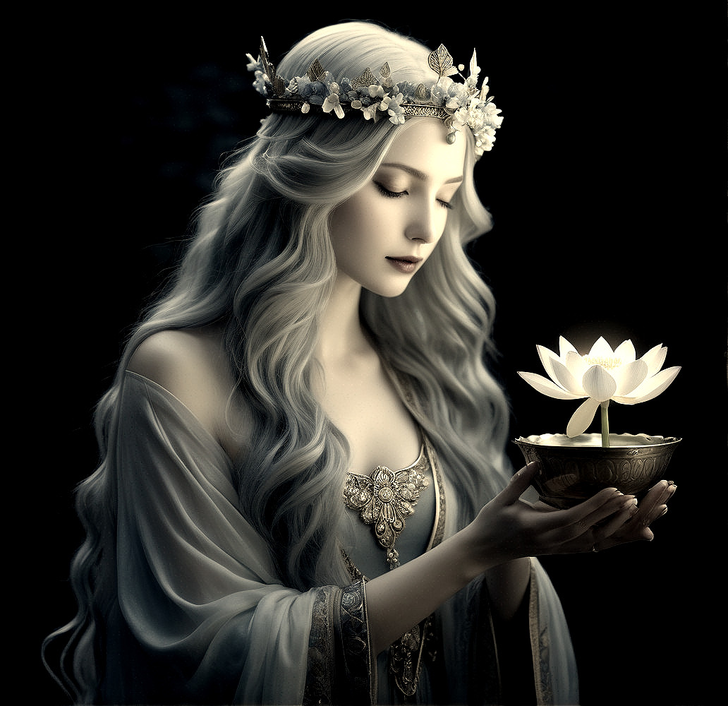 Serene figure with silver hair and glowing lotus flower
