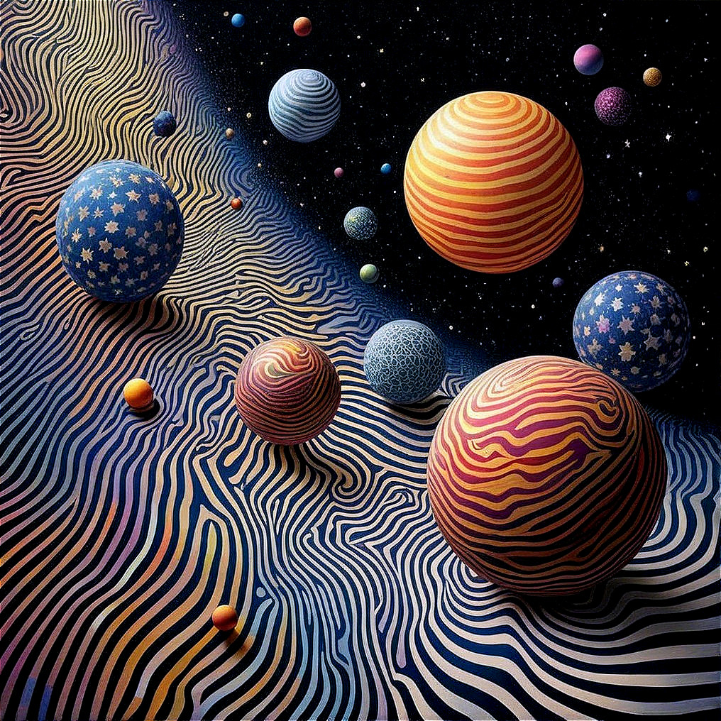 Vibrant Cosmic Scene with Patterned Planets