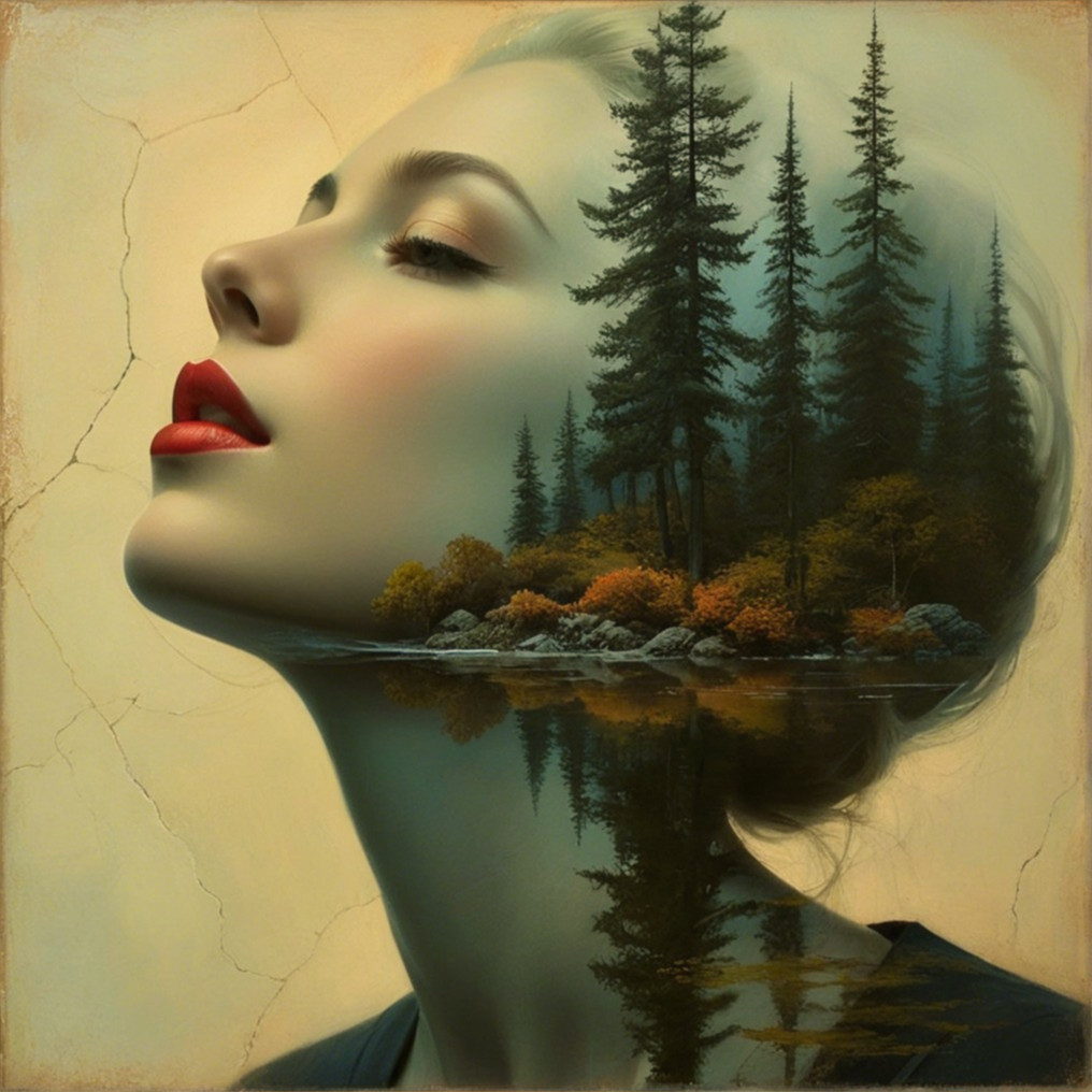 Portrait of a Woman Merging with Forest Landscape