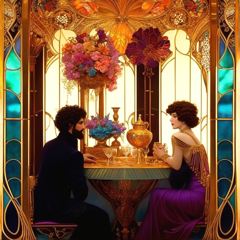 Elegant Couple at a Floral Table in Artistic Setting
