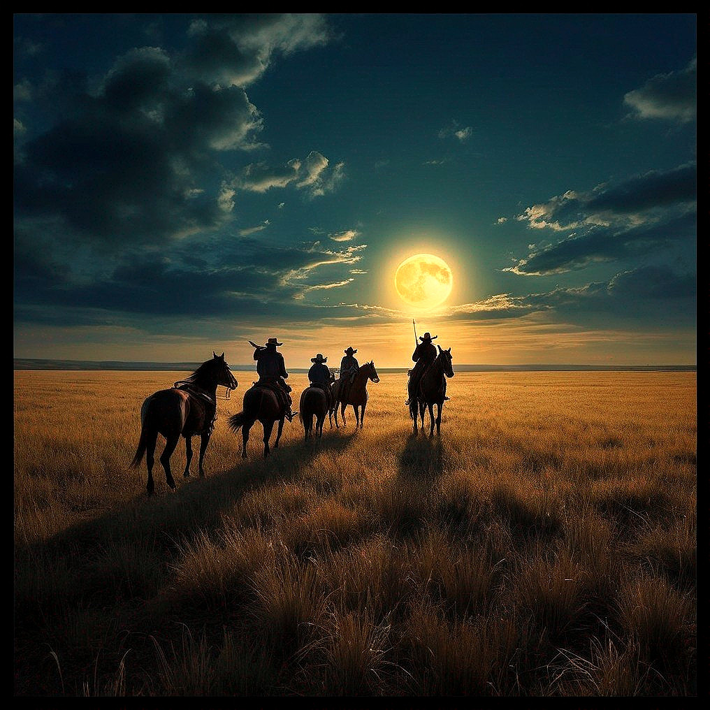 Twilight Scene with Cowboys Riding in Grassland