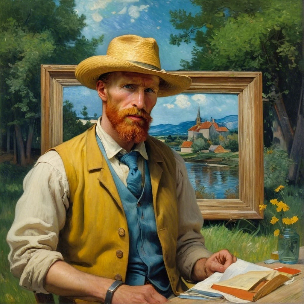 Man with red beard in a straw hat at a table in nature