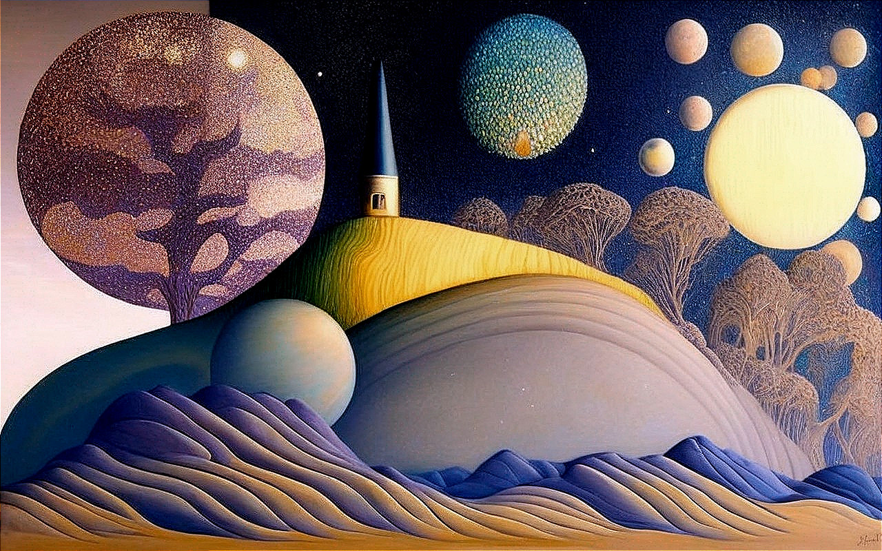 Surreal Landscape with Hills, Abstract Mountains, and Celestial Bodies
