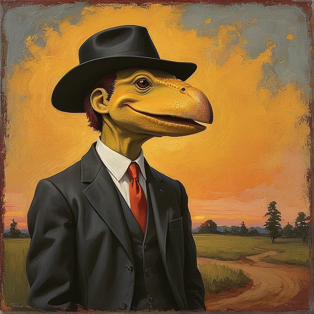 Anthropomorphic Creature in Formal Attire at Sunset