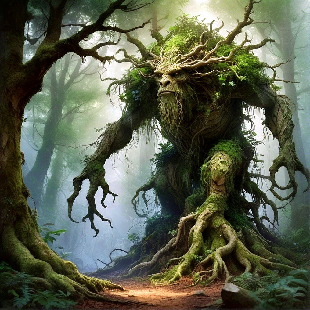 Majestic forest scene with a mythical tree-like creature