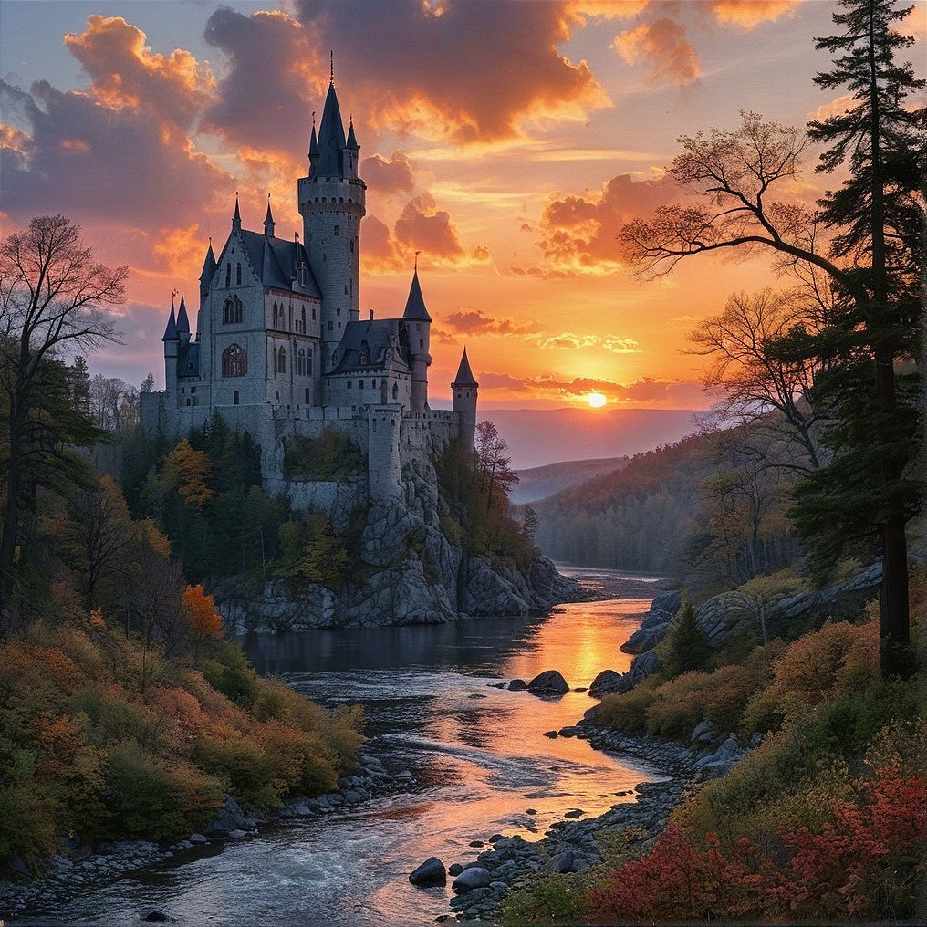 Majestic Castle on Cliff Surrounded by Autumn Trees
