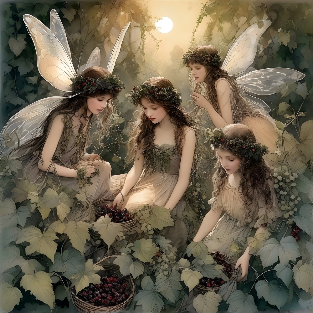 Fairies Collecting Berries in a Serene Forest