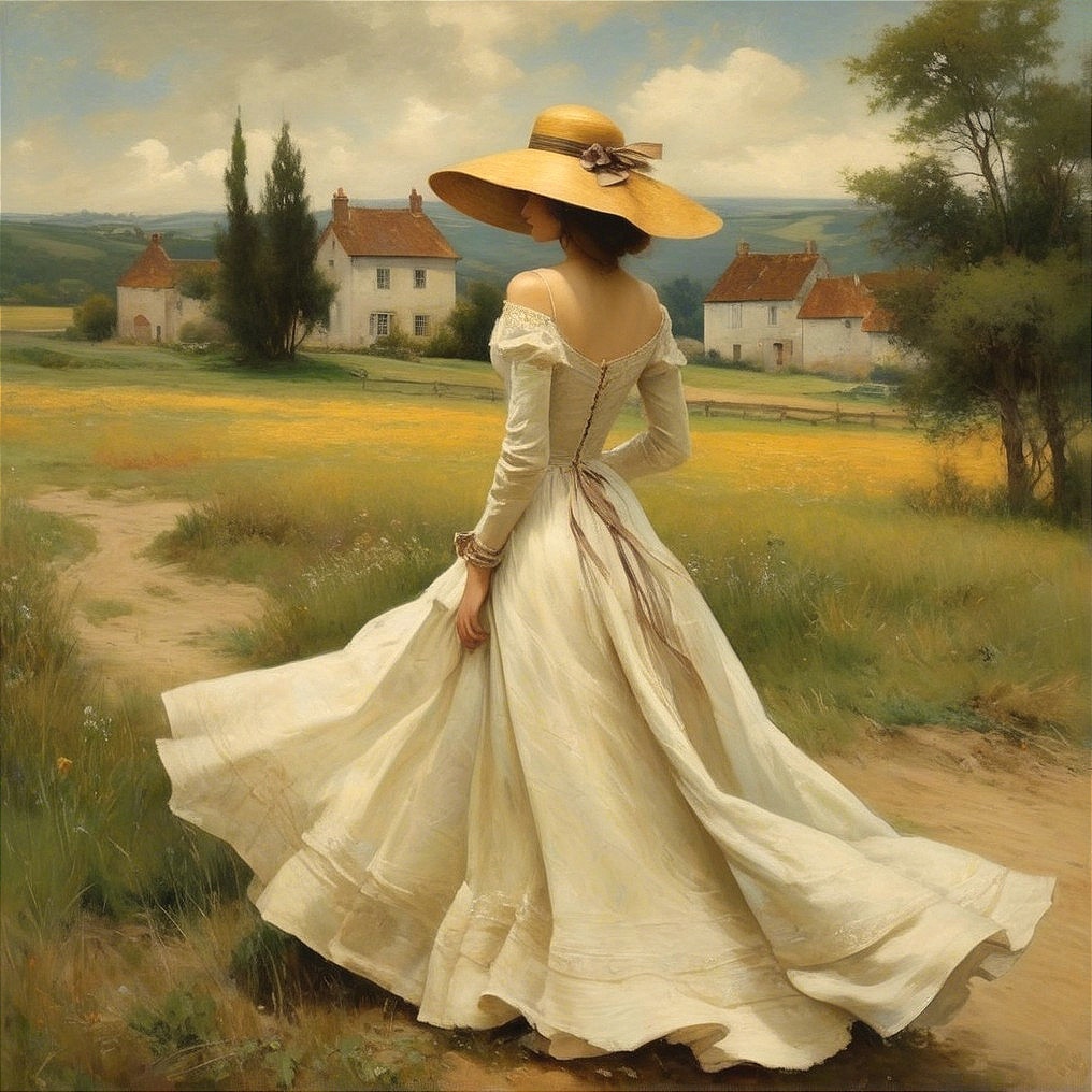 Serene Woman in White Dress Strolling in Meadow