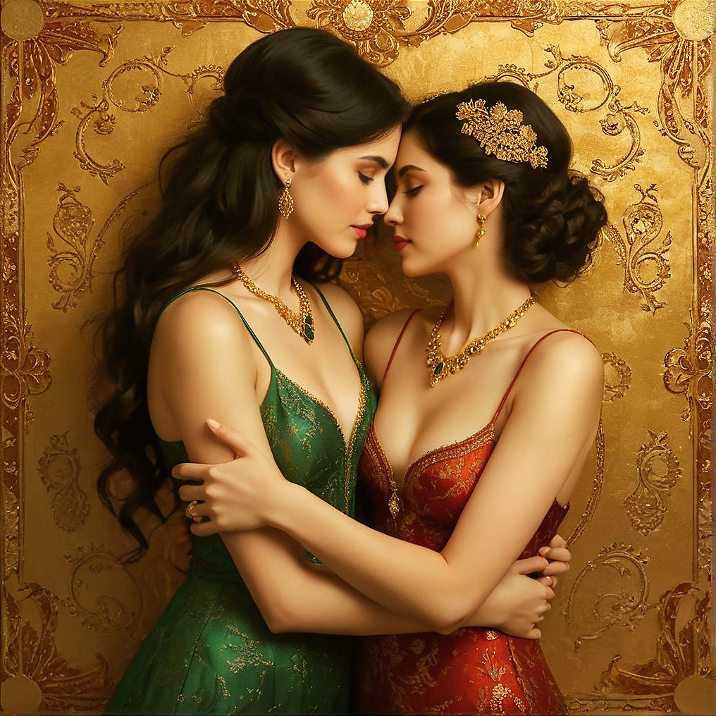 Elegant women in luxurious gowns with gold jewelry