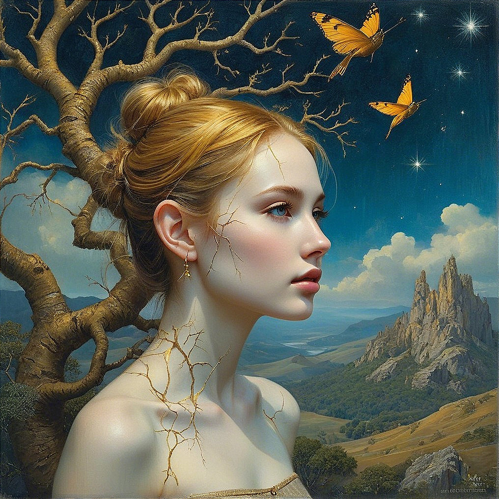Young woman with blonde hair in a serene landscape