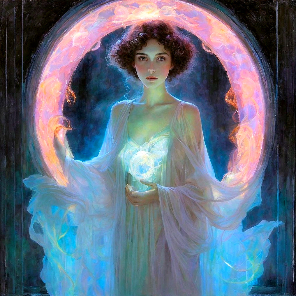 Mystical figure in glowing aura with luminous orb