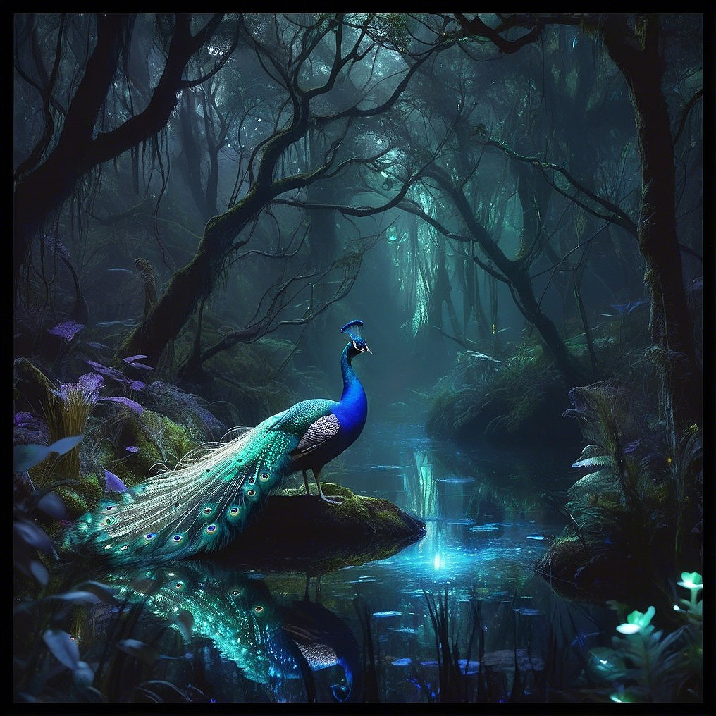 Majestic Peacock by Tranquil Pond in Lush Forest