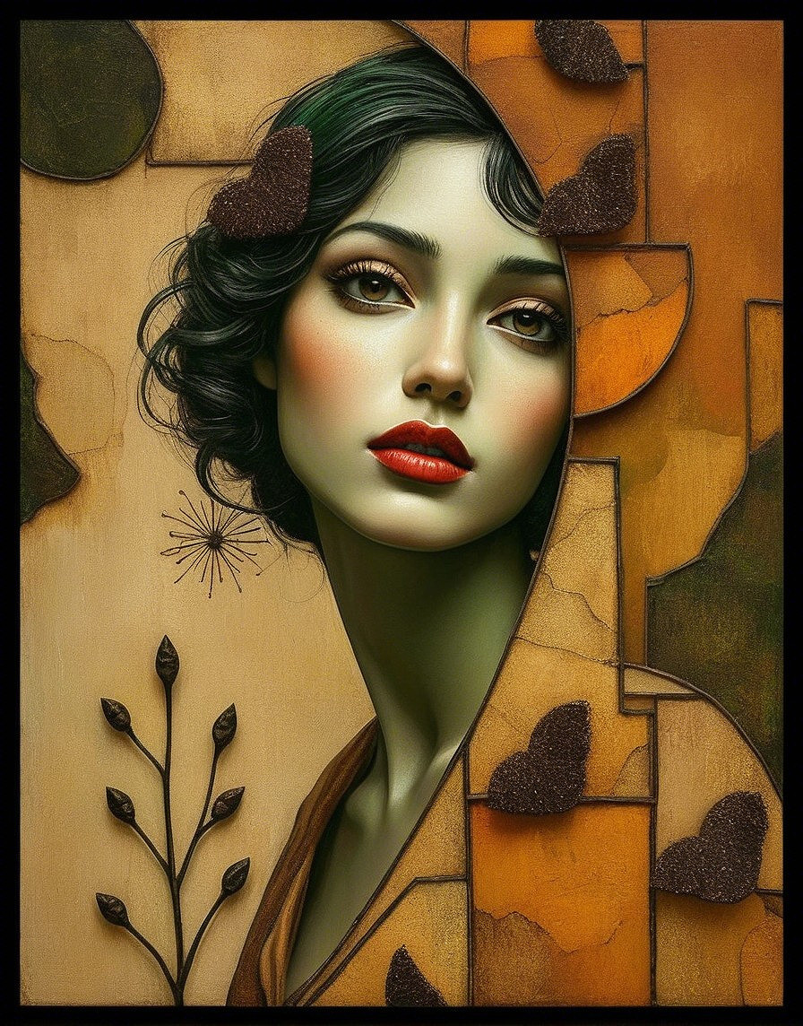 Portrait of Woman with Green Skin and Abstract Shapes