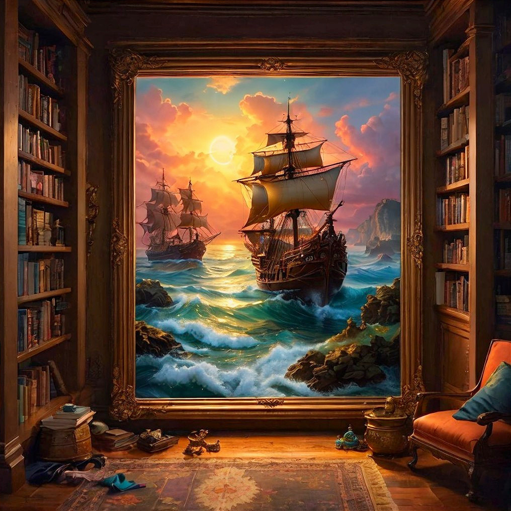 Ornate Frame with Vivid Seascape in Library Setting