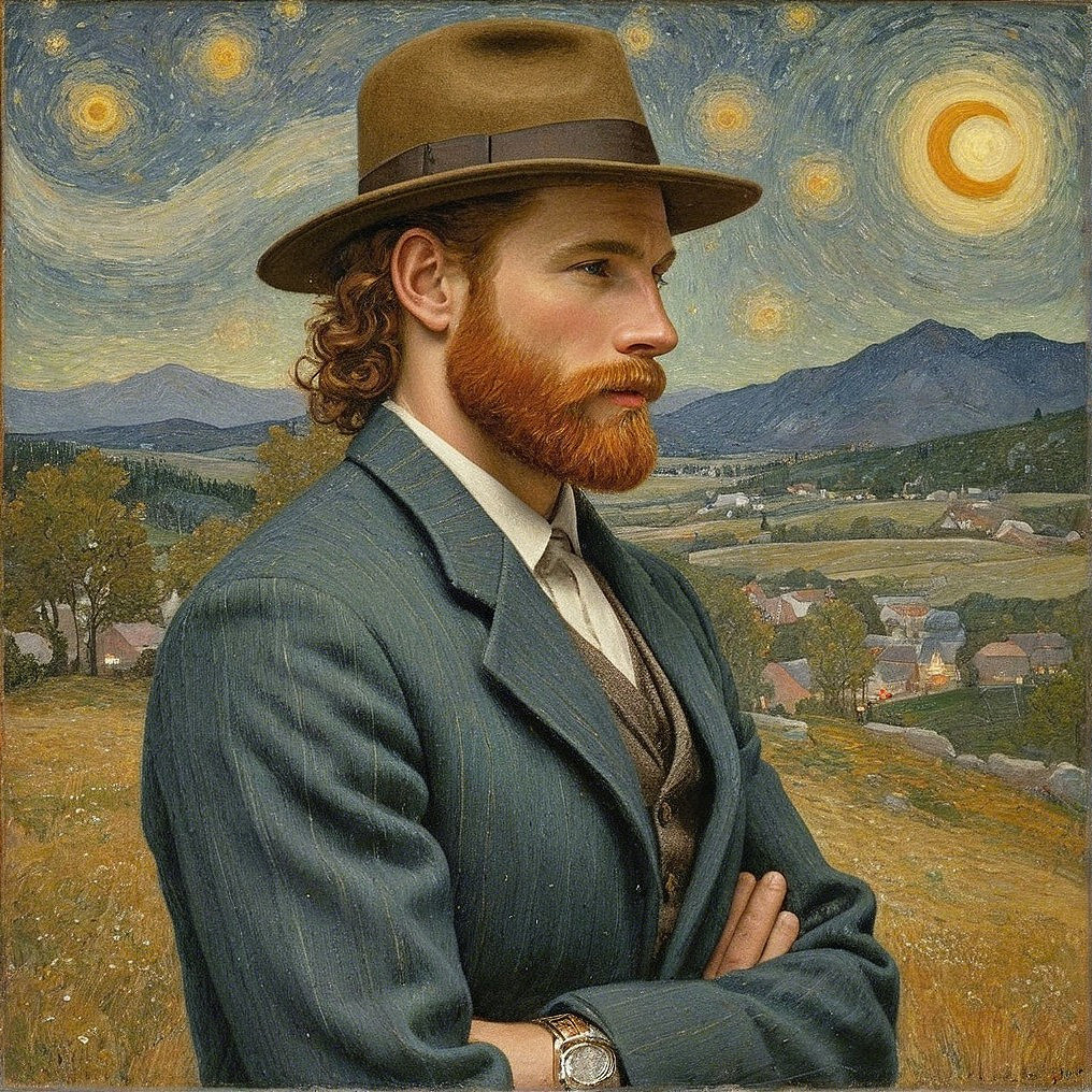 Profile of a Man with Red Beard in Night Sky Setting