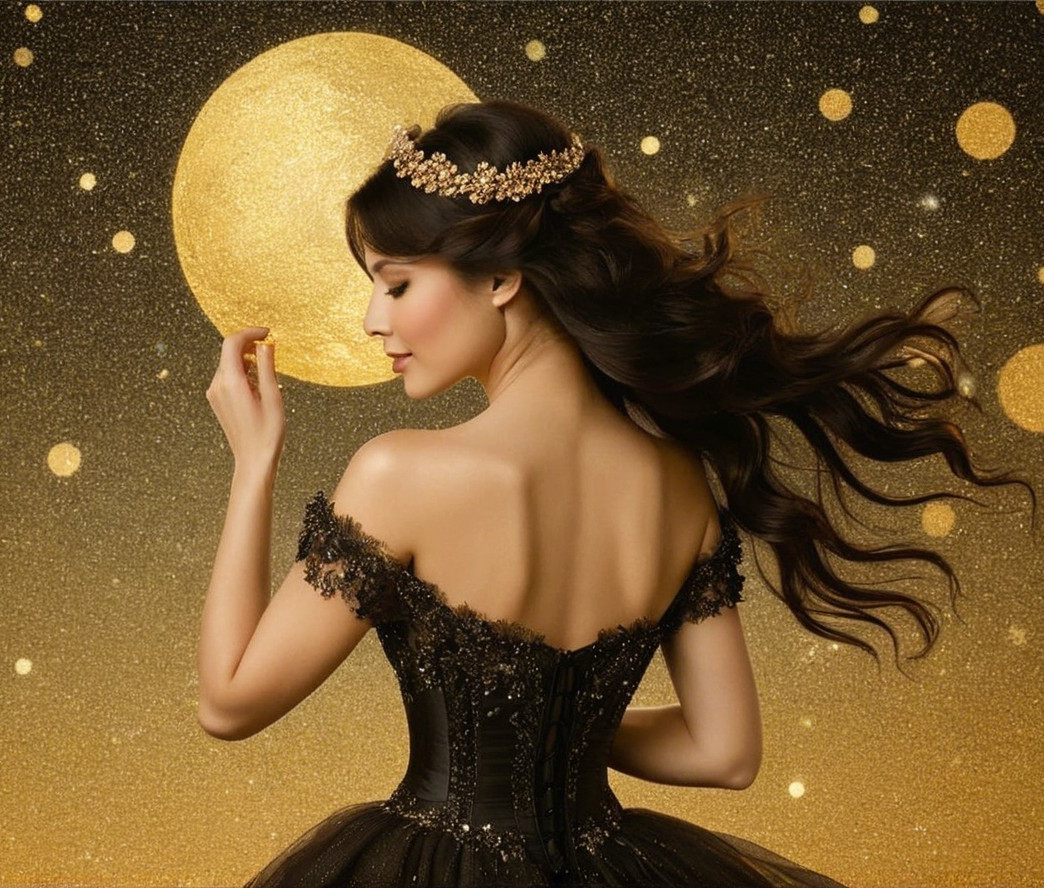 Woman in Black Gown Reaching for a Golden Moon