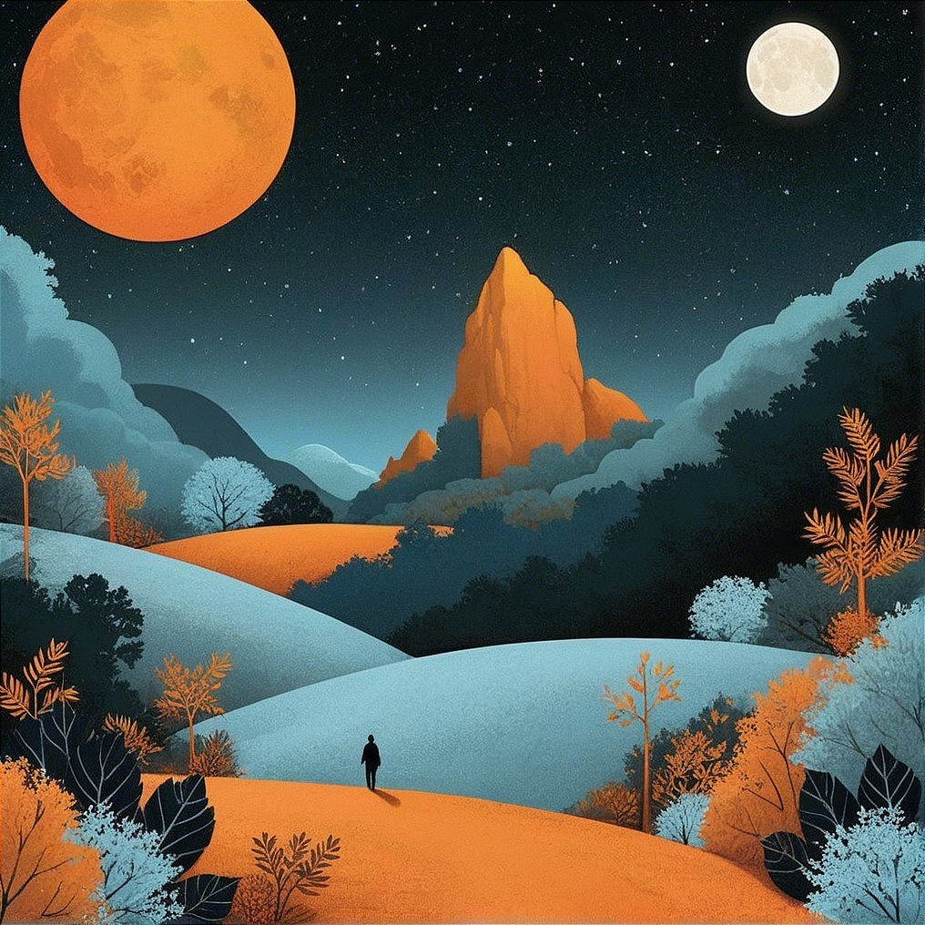 Silhouetted Figure on Moonlit Path Through Hills