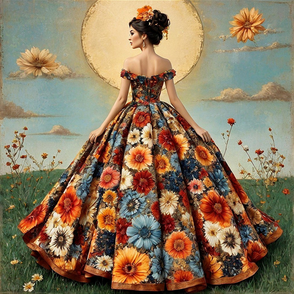 Woman in Floral Off-Shoulder Gown Against Serene Sky