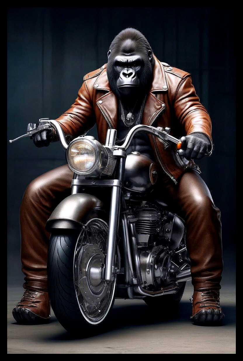 Muscular Gorilla in Leather Jacket on Classic Motorcycle
