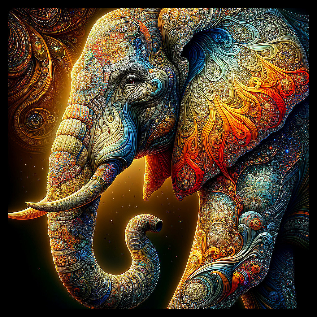 Ornate Stylized Elephant Digital Artwork in Warm Colors
