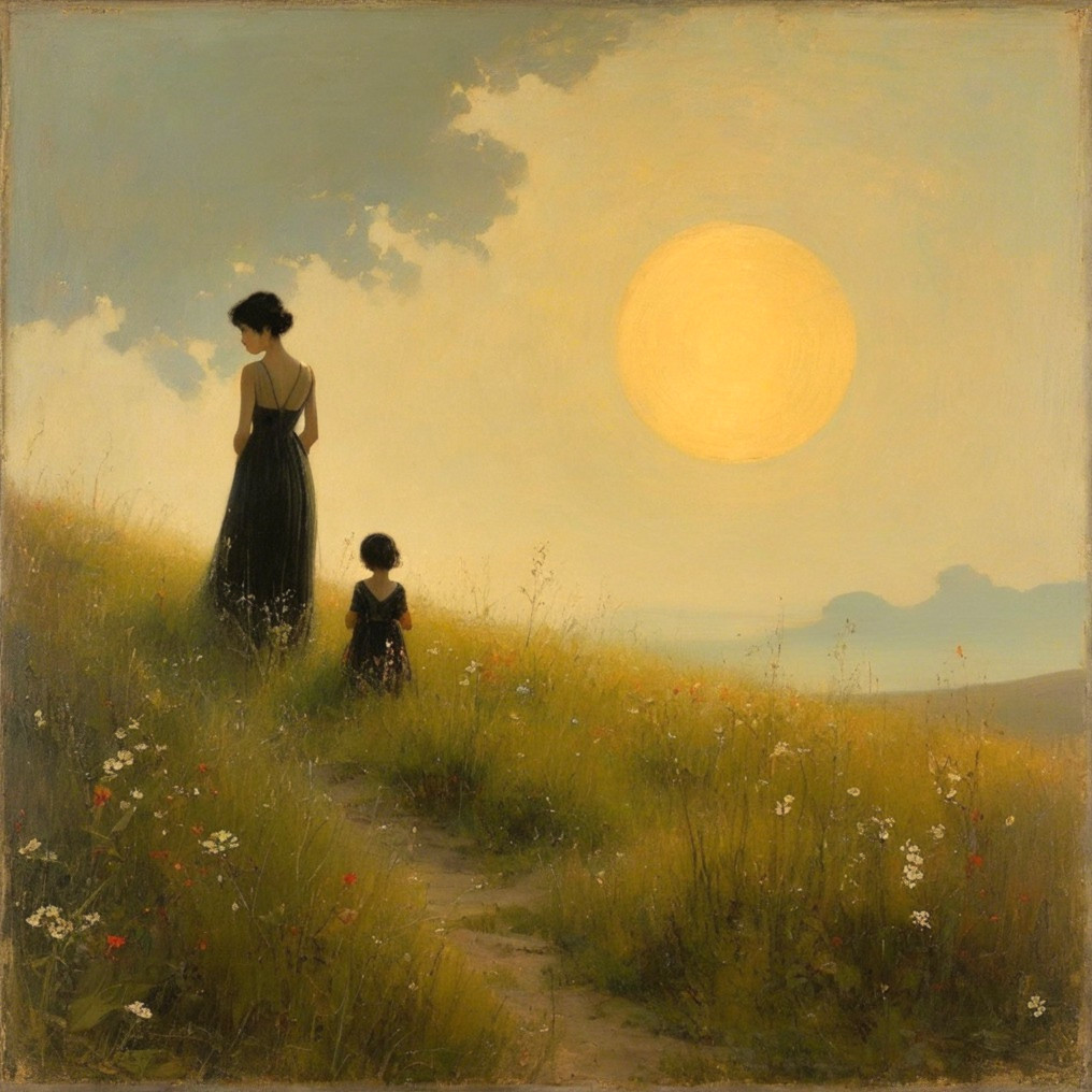 Serene Landscape with Woman and Child at Sunset