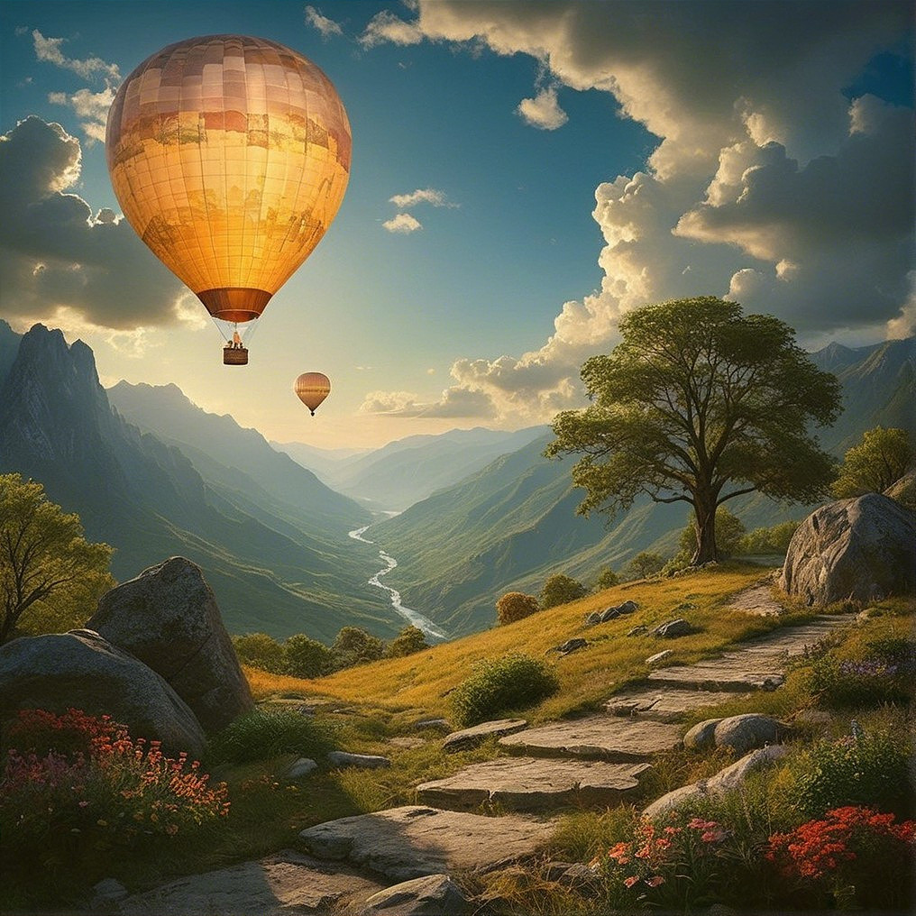 Hot Air Balloons Over a Lush Valley Landscape