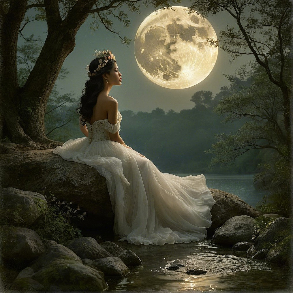 Serene Moonlit Landscape with Woman in White Gown