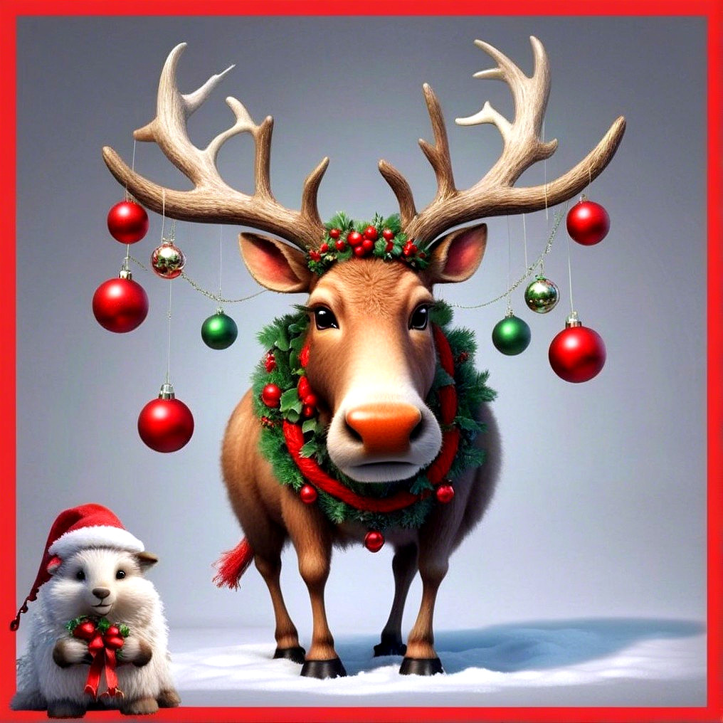 Festive Reindeer with Wreath and Santa Hat Sheep
