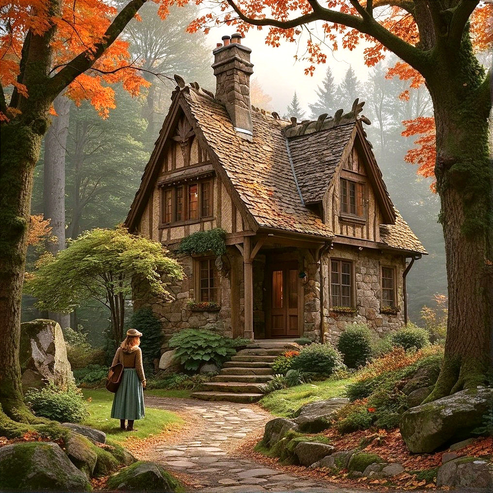 Rustic cottage surrounded by vibrant autumn trees