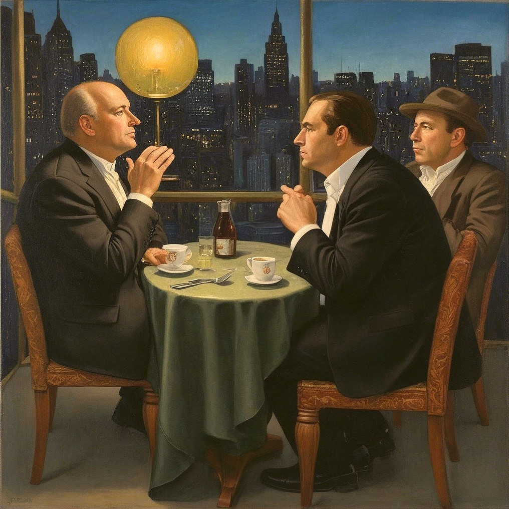 Three Men Conversing at Round Table with Cityscape View