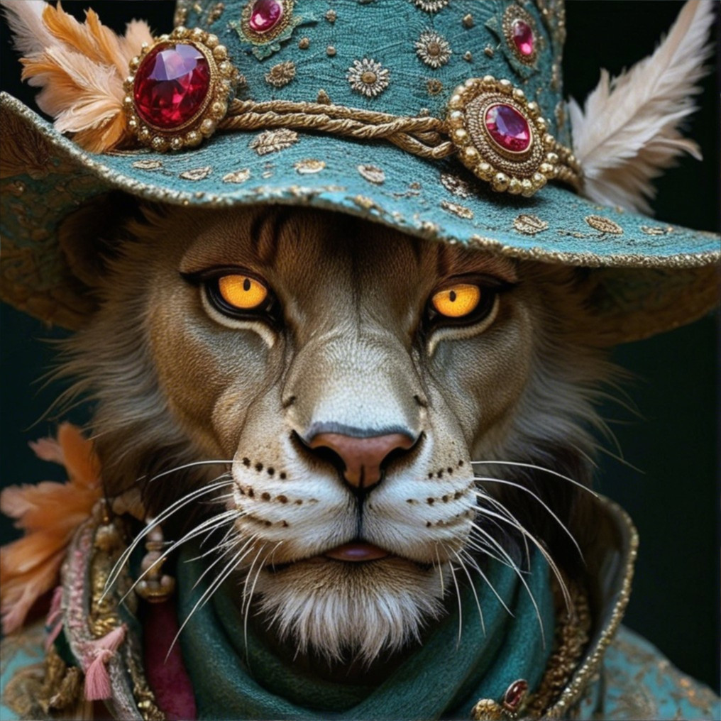Majestic lion with ornate teal hat and gold details