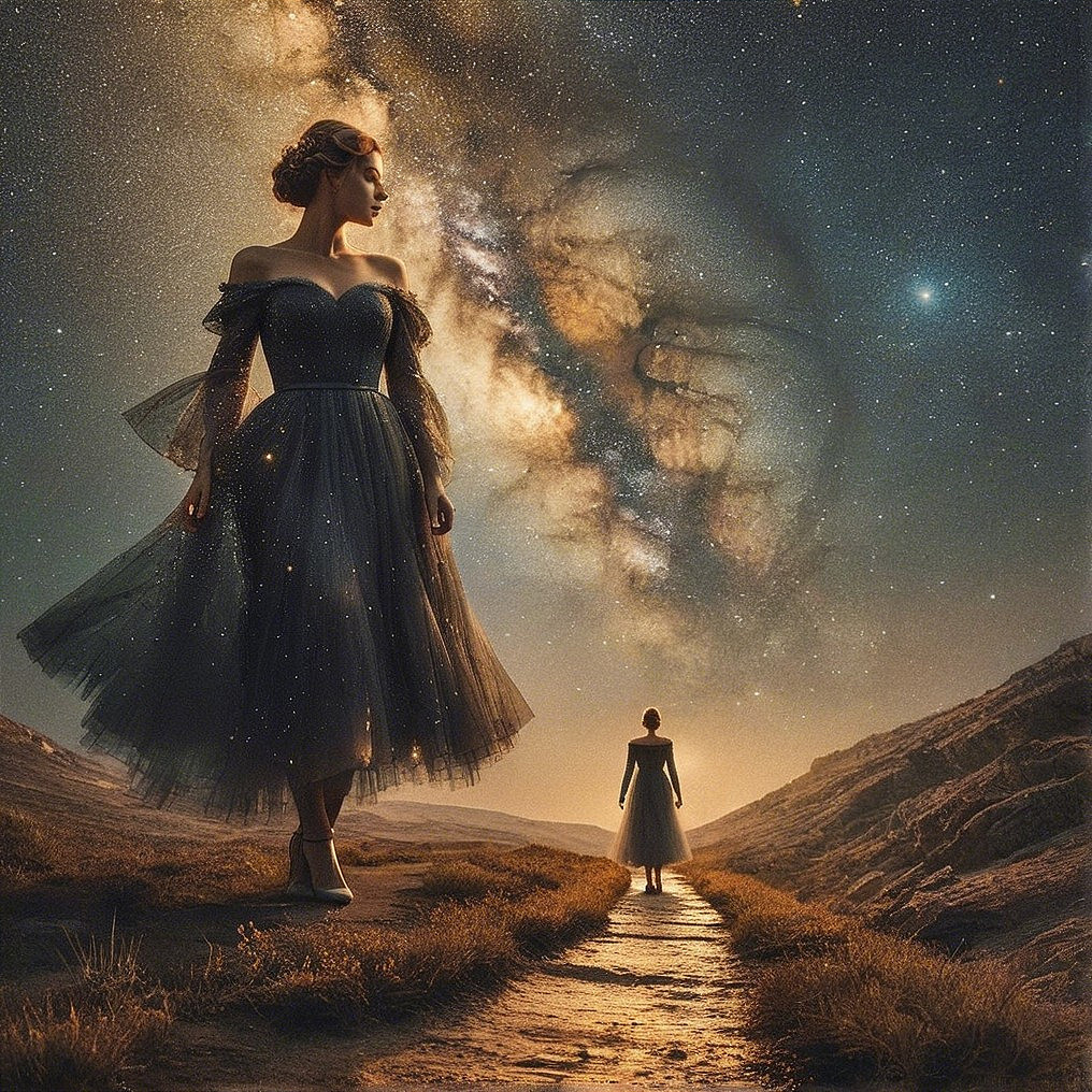 Dreamlike Landscape with Woman in Starry Gown