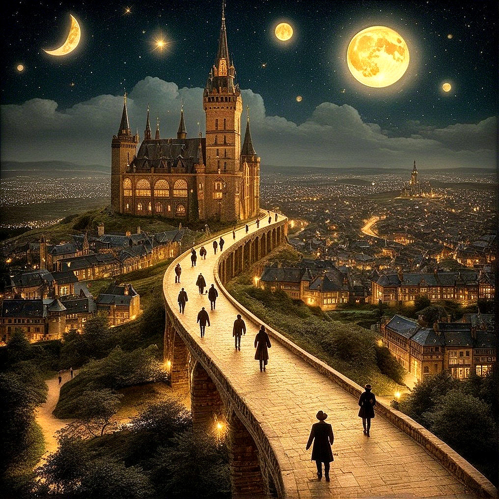 Castle Overlooking Town Under Two Moons at Night