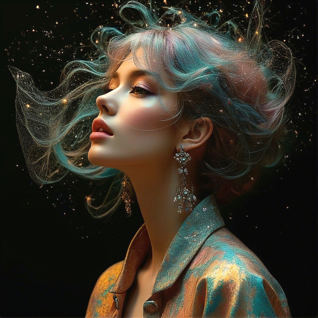 Portrait of a woman with colorful hair and iridescent jacket