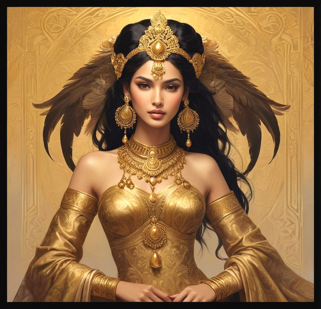 Majestic figure in golden attire with intricate jewelry