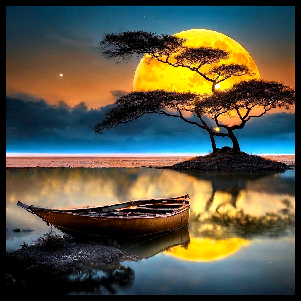 Serene Landscape with Full Moon and Wooden Boat